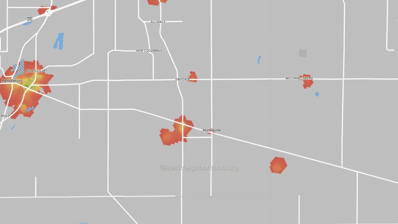 Walk Grade map of Markleville, IN, walkable areas in green and car-dependent areas in red