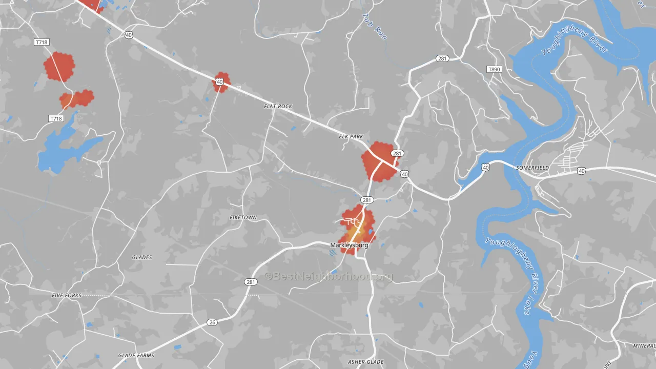 Walk Grade map of Markleysburg, PA, walkable areas in green and car-dependent areas in red