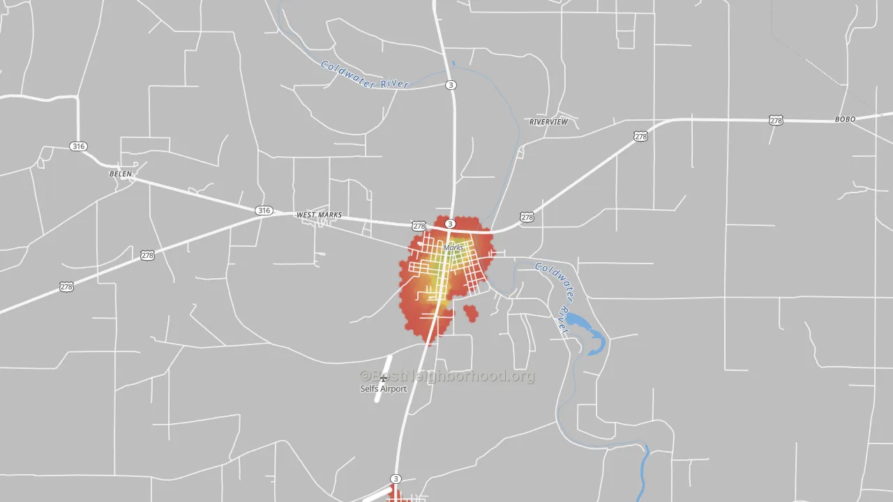 Walk Grade map of Marks, MS, walkable areas in green and car-dependent areas in red
