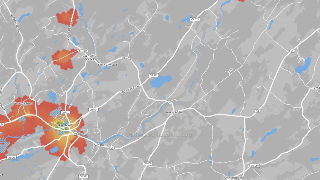 Walk Grade map of Marksboro, NJ, walkable areas in green and car-dependent areas in red