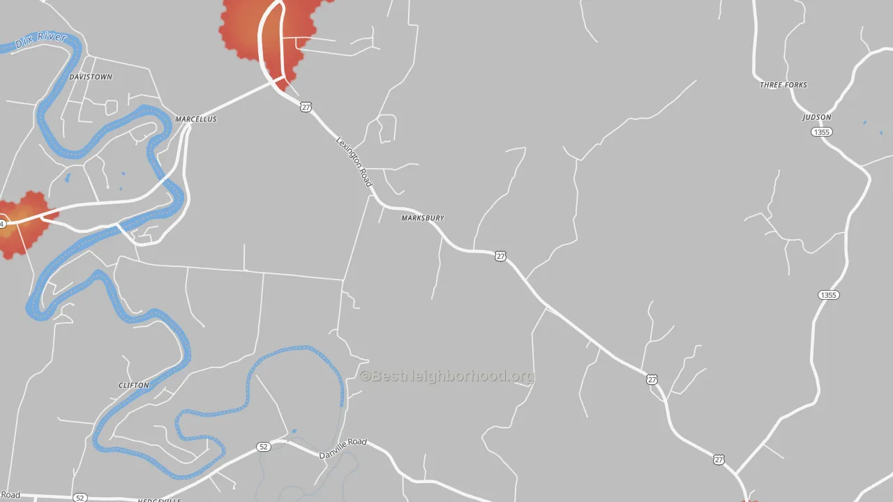 Walk Grade map of Marksbury, KY, walkable areas in green and car-dependent areas in red