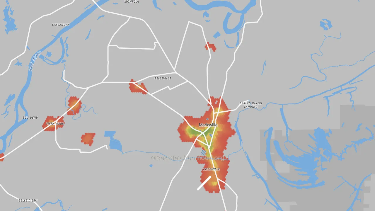 Walk Grade map of Marksville, LA, walkable areas in green and car-dependent areas in red