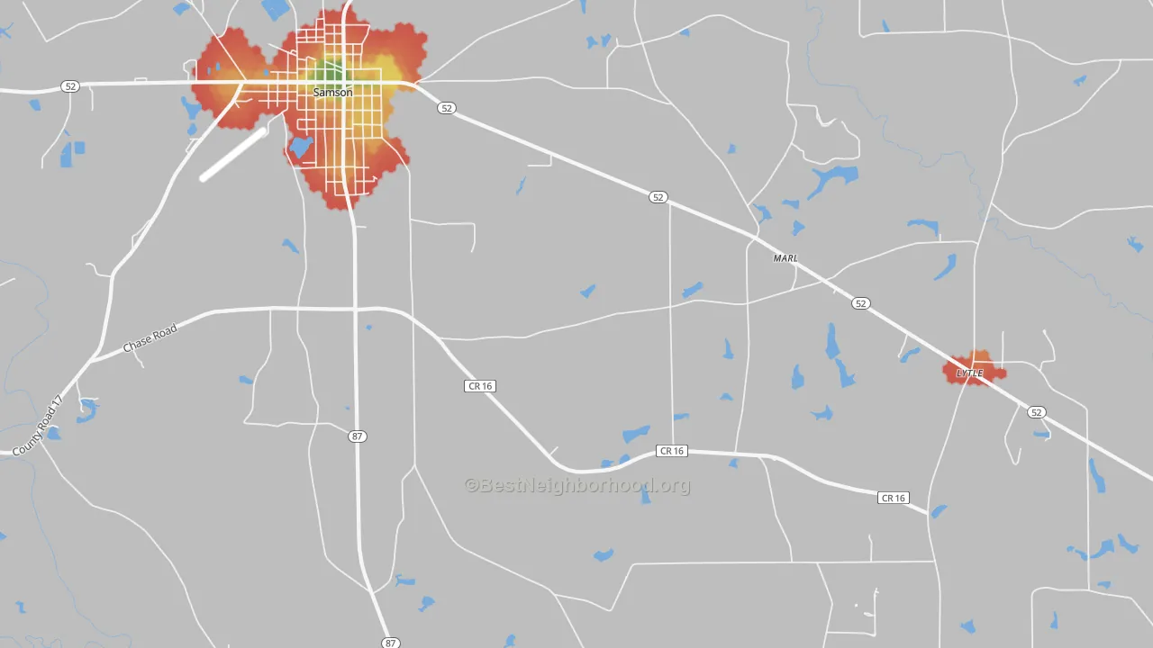 Walk Grade map of Marl, AL, walkable areas in green and car-dependent areas in red