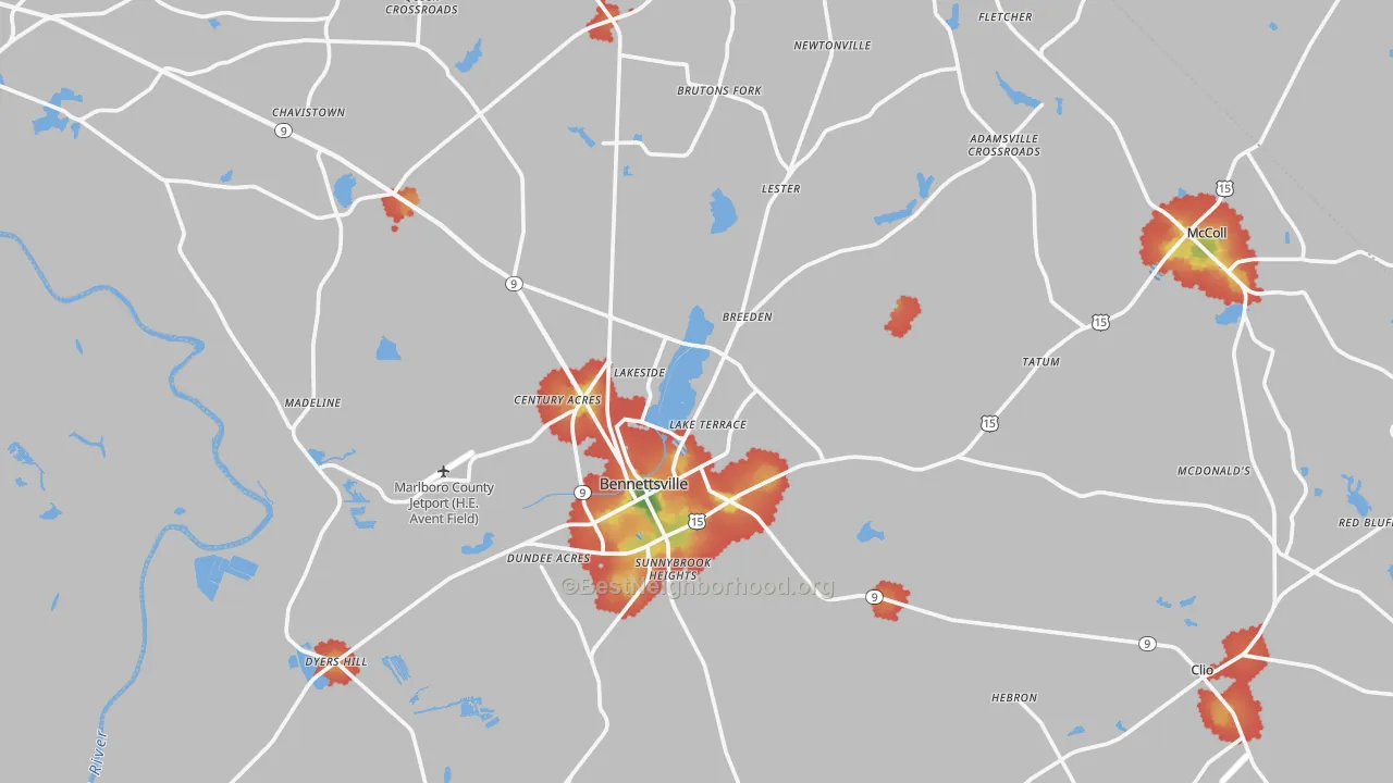 Walk Grade map of Marlboro County, SC, walkable areas in green and car-dependent areas in red