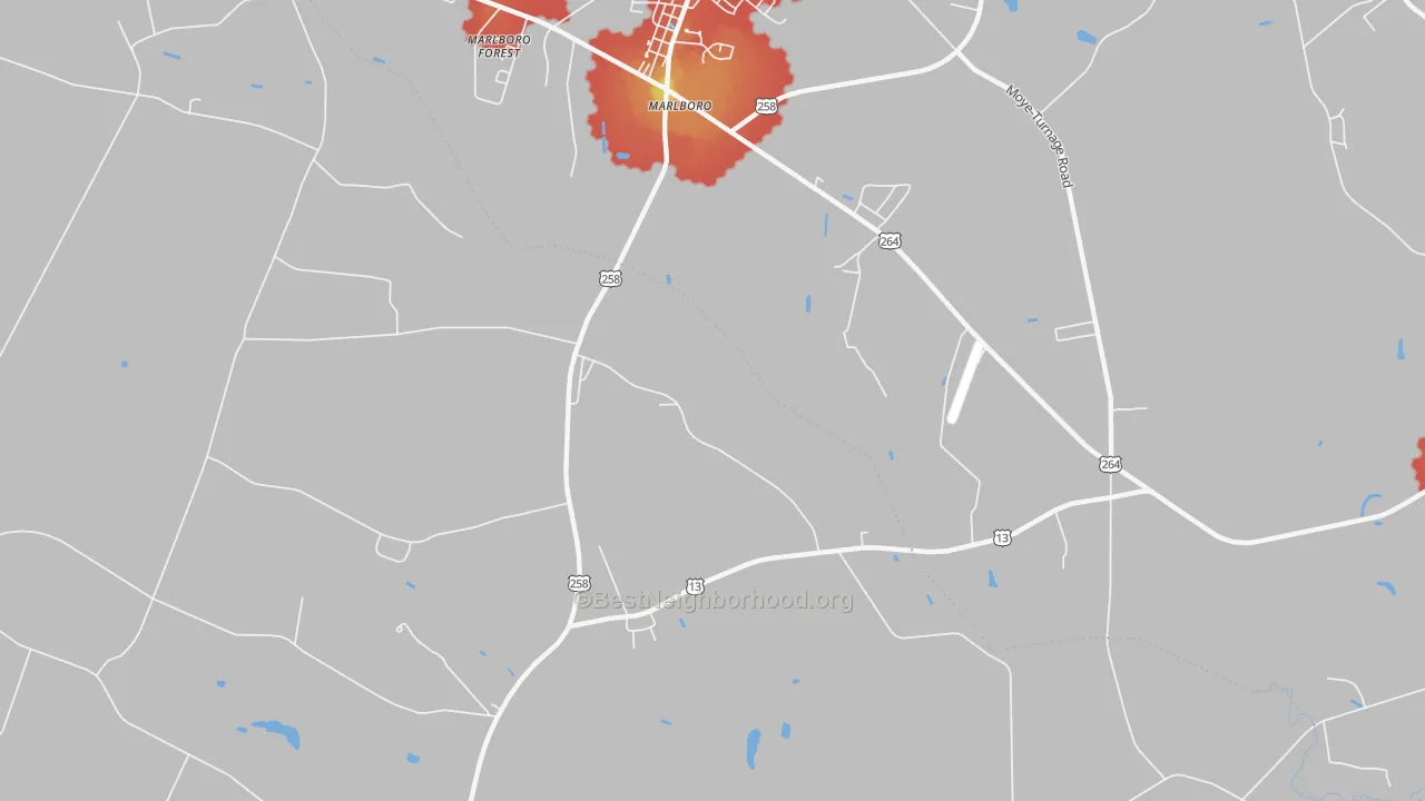 Walk Grade map of Marlboro, NC, walkable areas in green and car-dependent areas in red