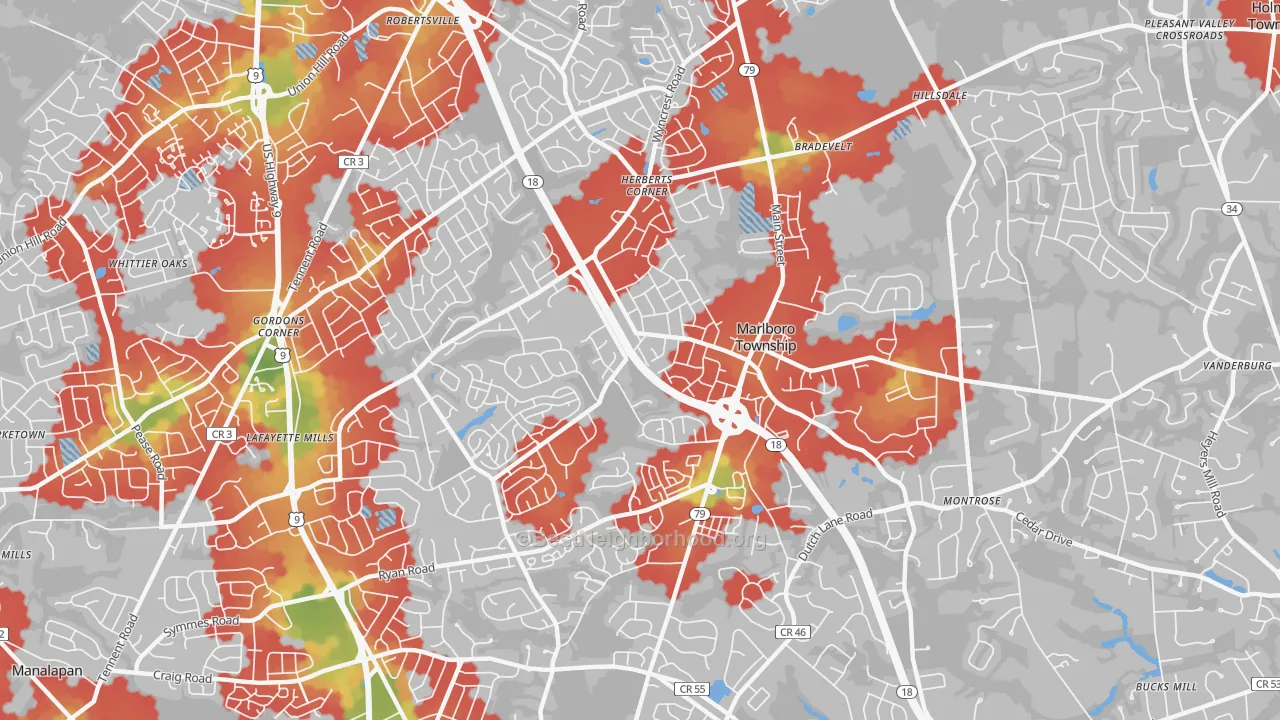 Walk Grade map of Marlboro, NJ, walkable areas in green and car-dependent areas in red