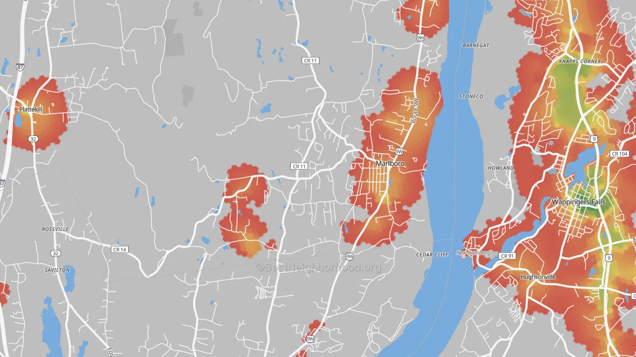 Walk Grade map of Marlboro, NY, walkable areas in green and car-dependent areas in red