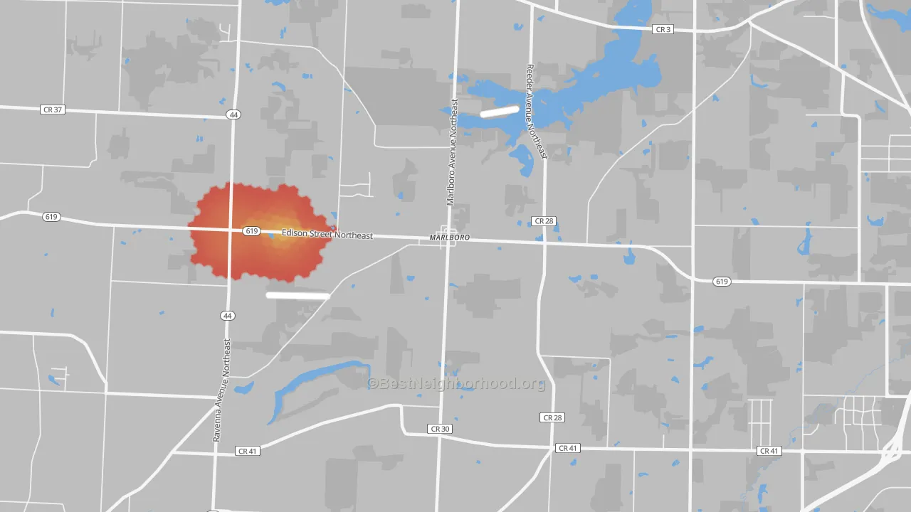 Walk Grade map of Marlboro, OH, walkable areas in green and car-dependent areas in red