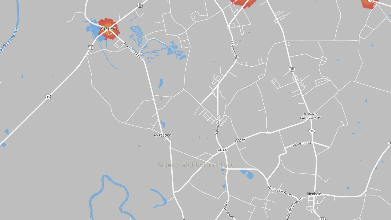 Walk Grade map of Marlboro, SC, walkable areas in green and car-dependent areas in red