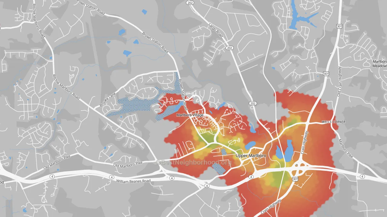 Walk Grade map of Marlboro Village, MD, walkable areas in green and car-dependent areas in red