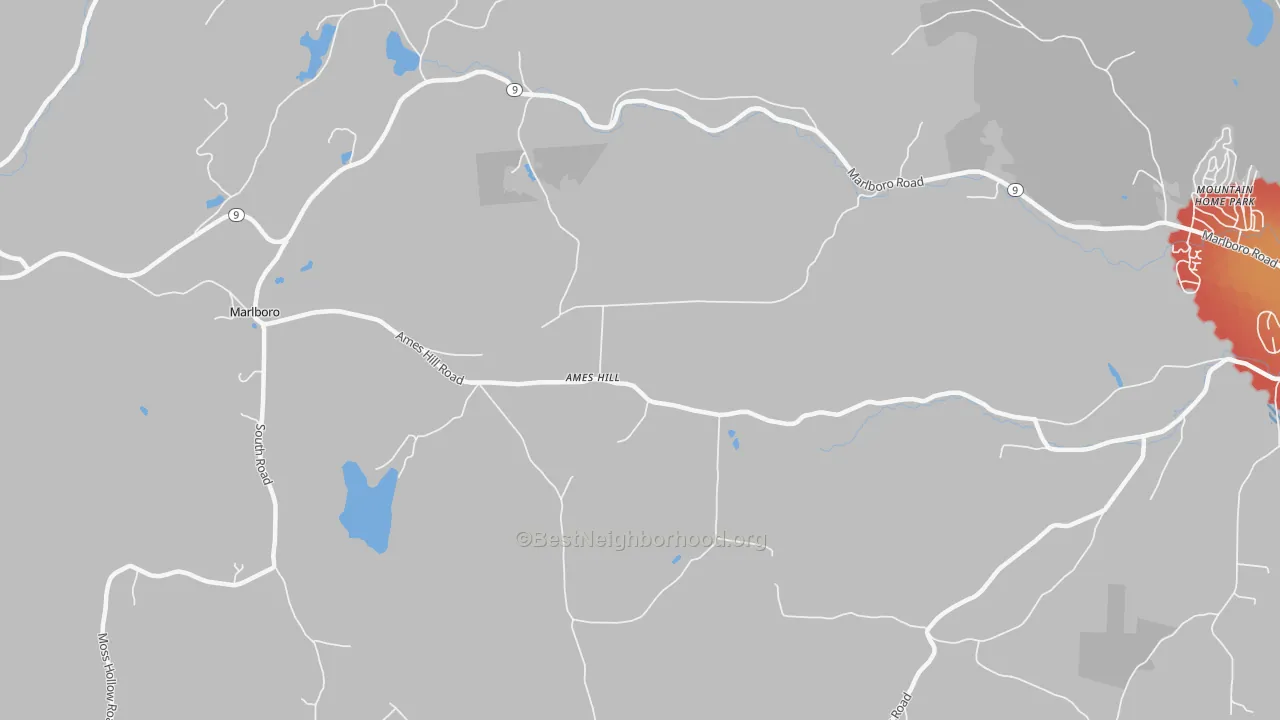 Walk Grade map of Marlboro, VT, walkable areas in green and car-dependent areas in red