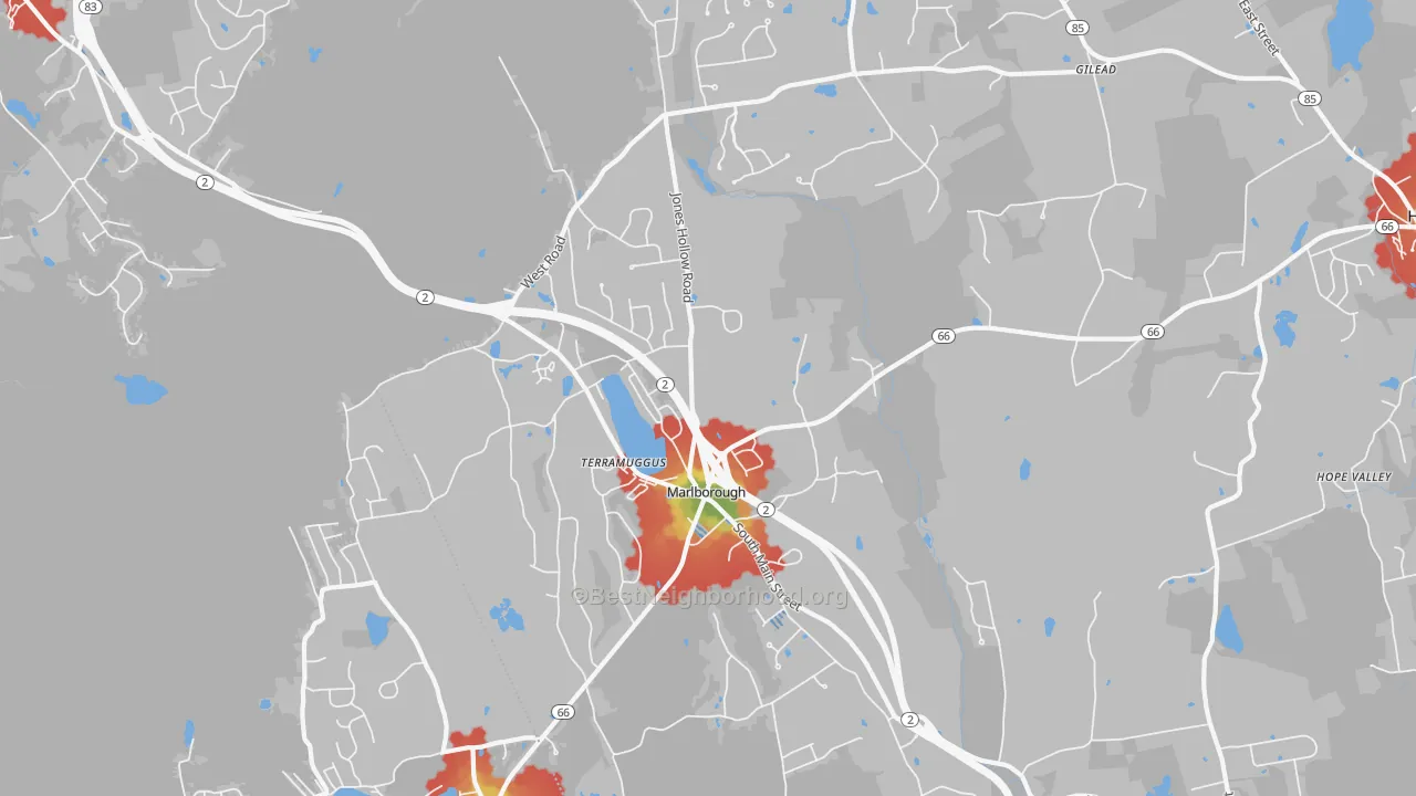 Walk Grade map of Marlborough, CT, walkable areas in green and car-dependent areas in red