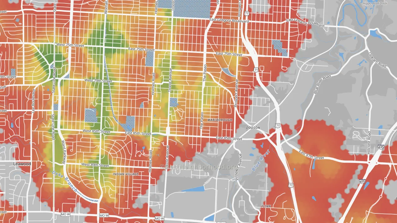 Walk Grade map of Marlborough Heights-Marlborough Pride, Kansas City, MO, walkable areas in green and car-dependent areas in red
