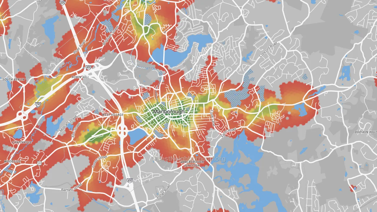 Walk Grade map of Marlborough, MA, walkable areas in green and car-dependent areas in red
