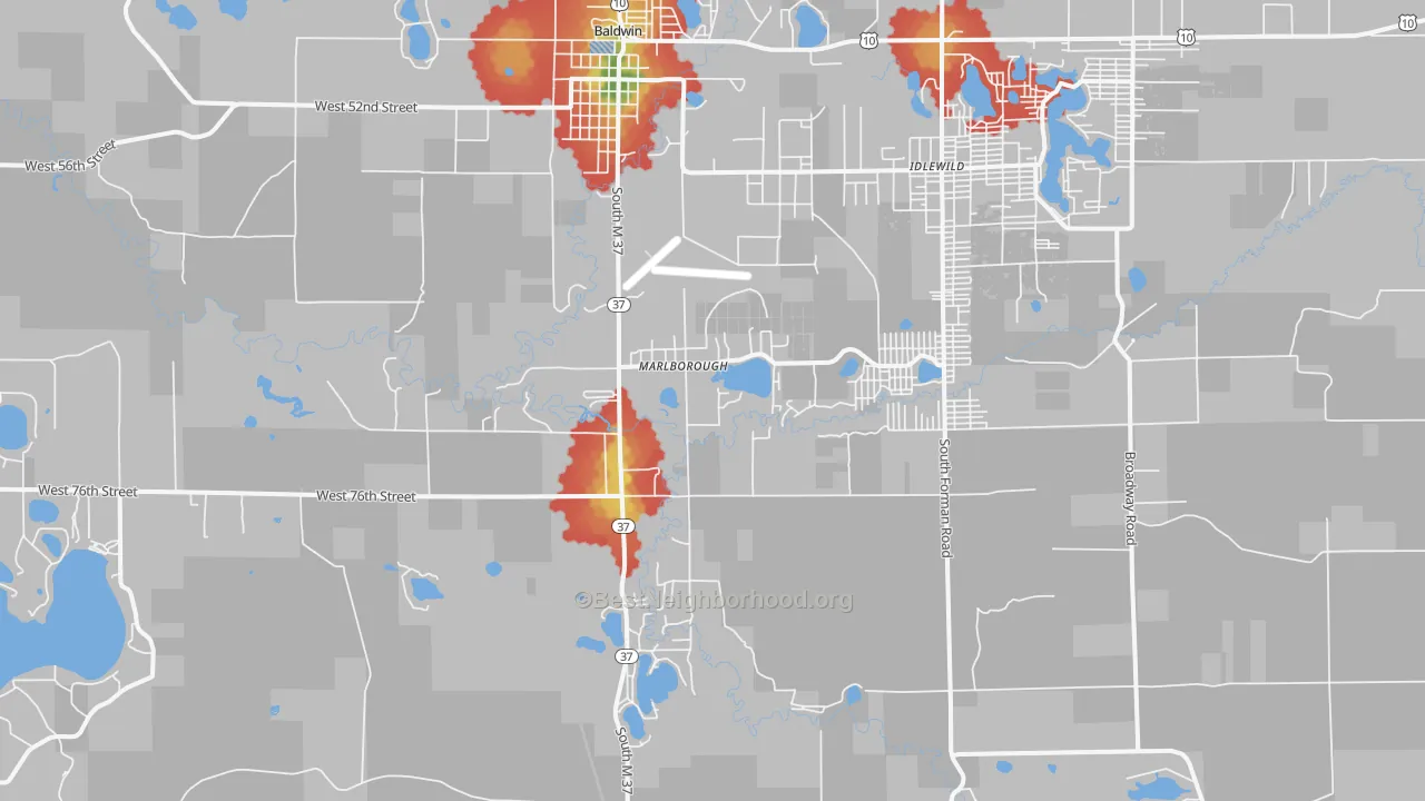 Walk Grade map of Marlborough, MI, walkable areas in green and car-dependent areas in red