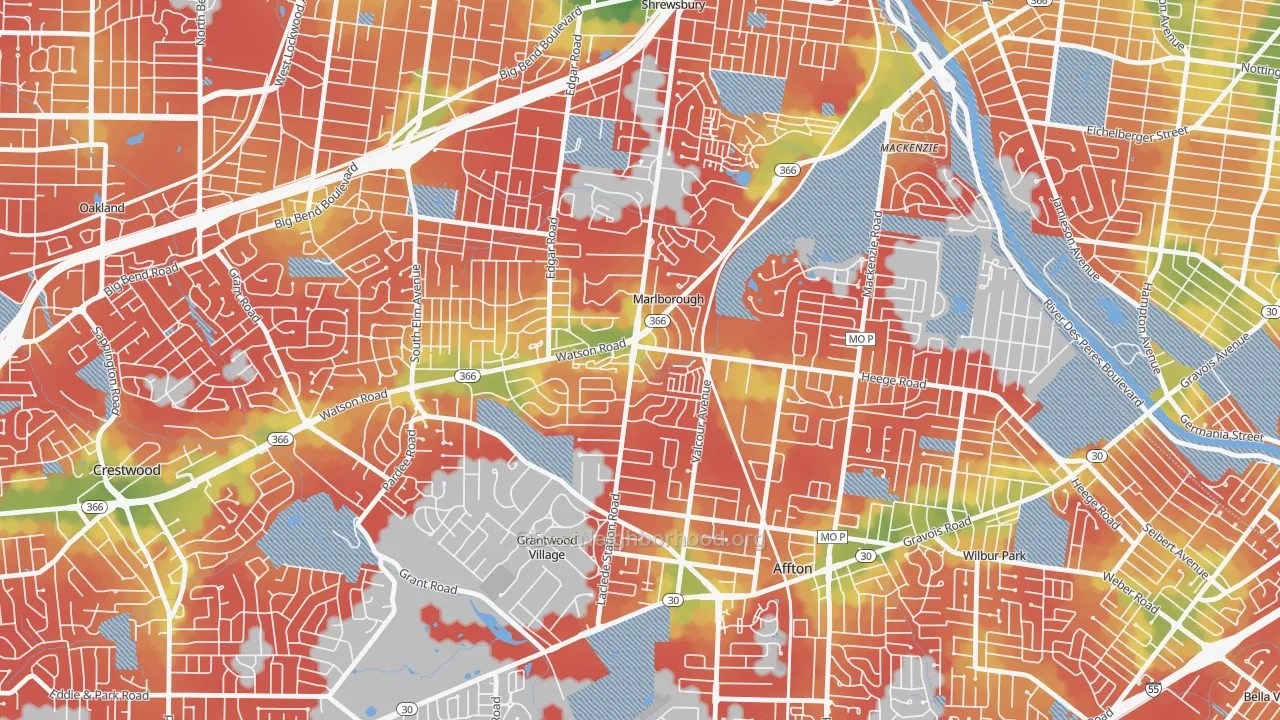 Walk Grade map of Marlborough, MO, walkable areas in green and car-dependent areas in red