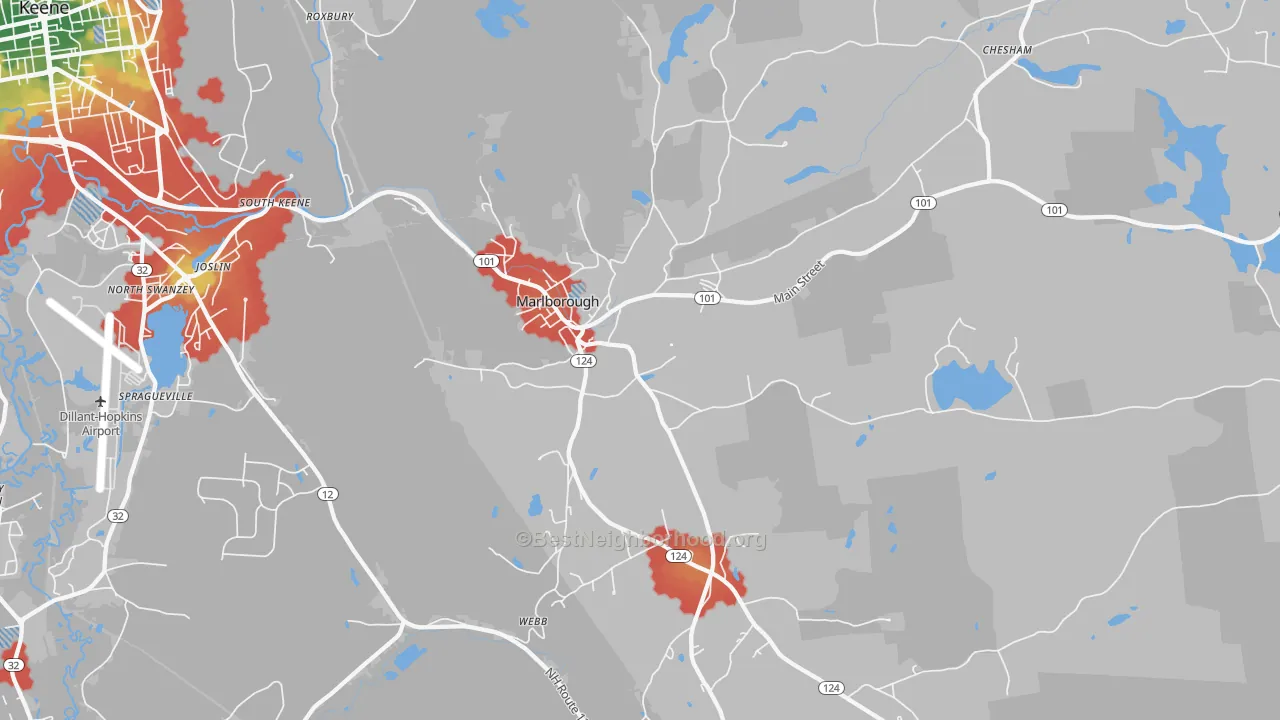 Walk Grade map of Marlborough, NH, walkable areas in green and car-dependent areas in red