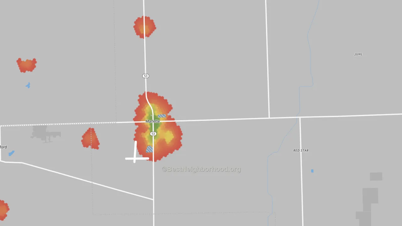 Walk Grade map of Marlette, MI, walkable areas in green and car-dependent areas in red