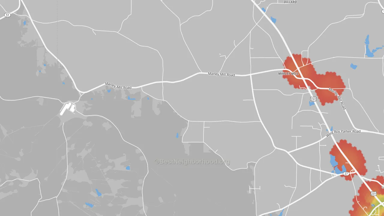 Walk Grade map of Marley Mill, AL, walkable areas in green and car-dependent areas in red