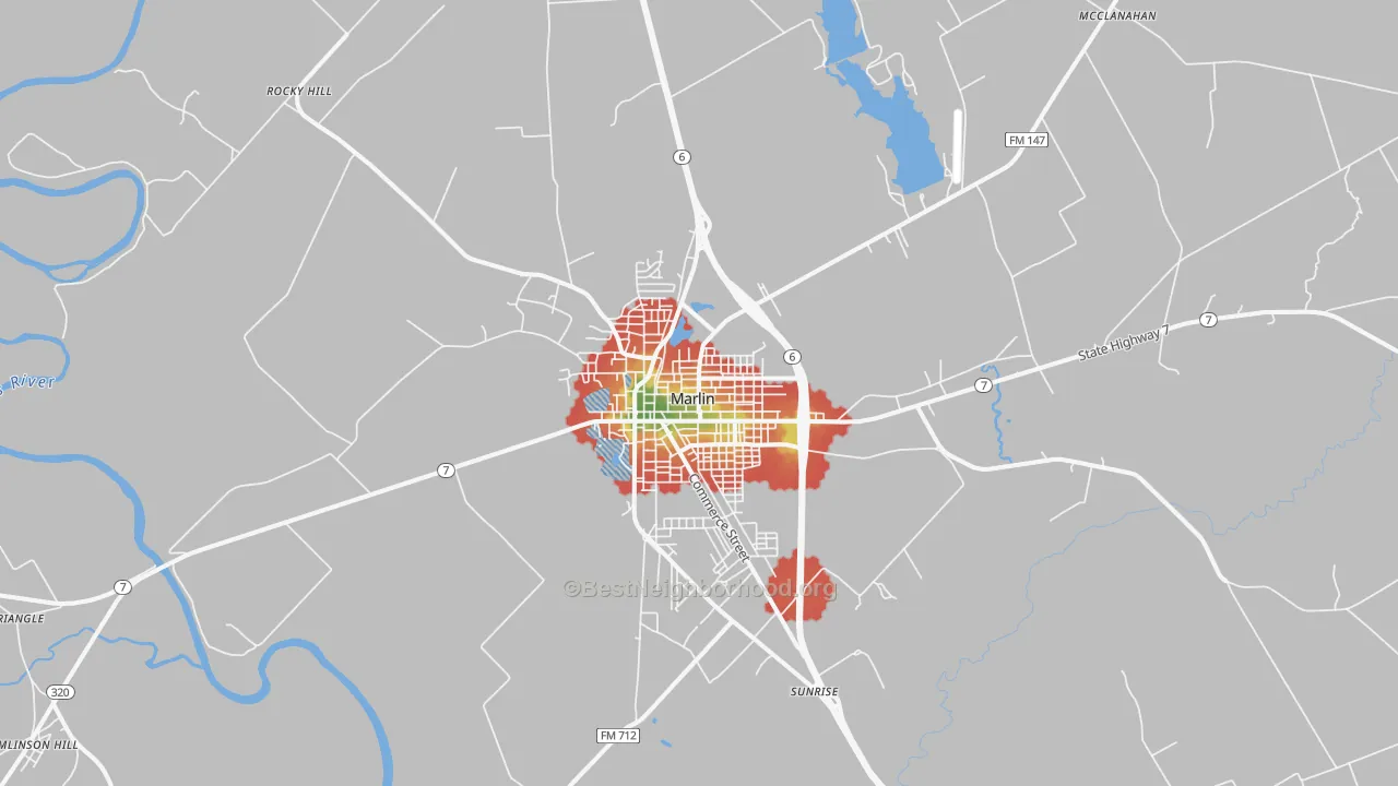 Walk Grade map of Marlin, TX, walkable areas in green and car-dependent areas in red