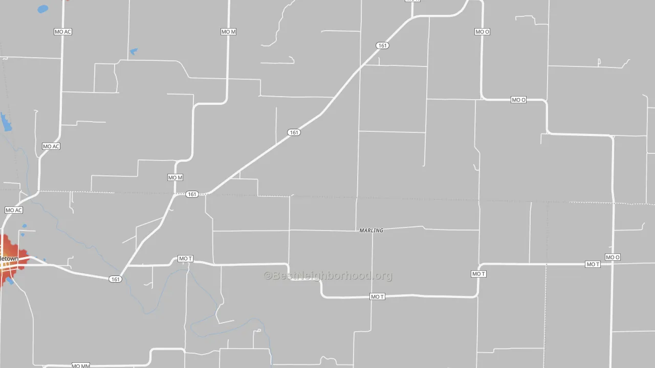 Walk Grade map of Marling, MO, walkable areas in green and car-dependent areas in red