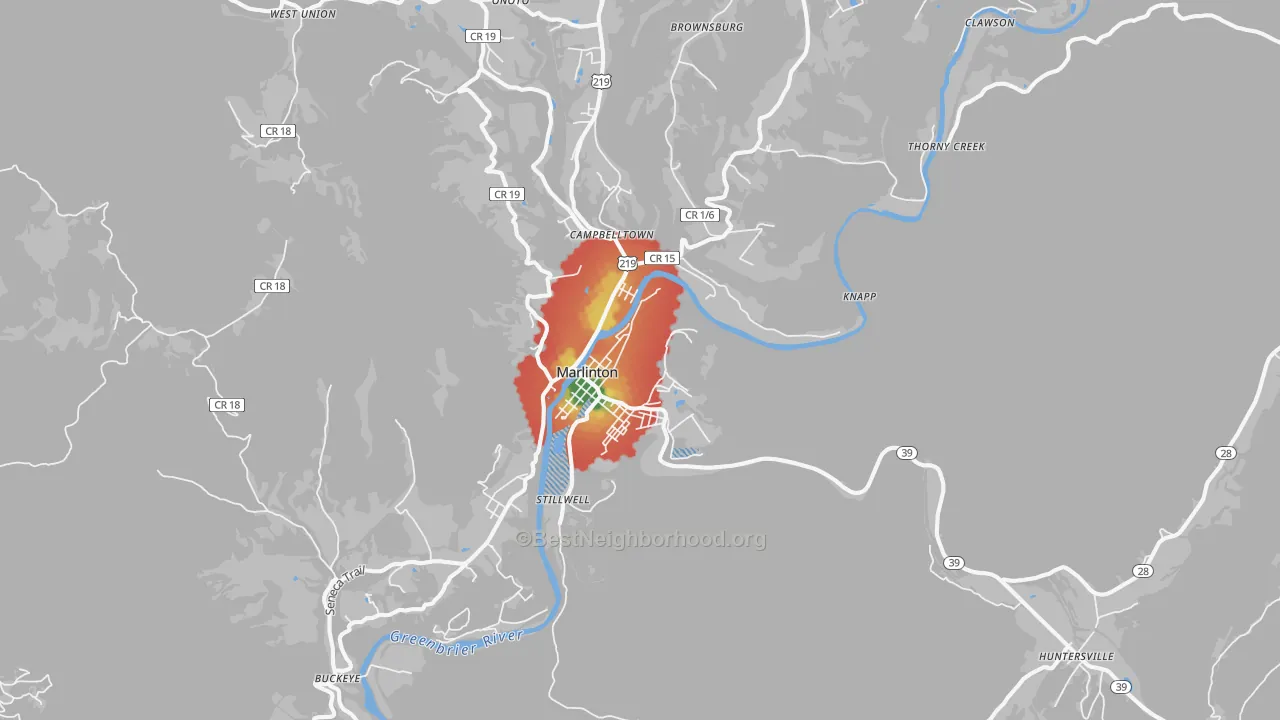 Walk Grade map of Marlinton, WV, walkable areas in green and car-dependent areas in red