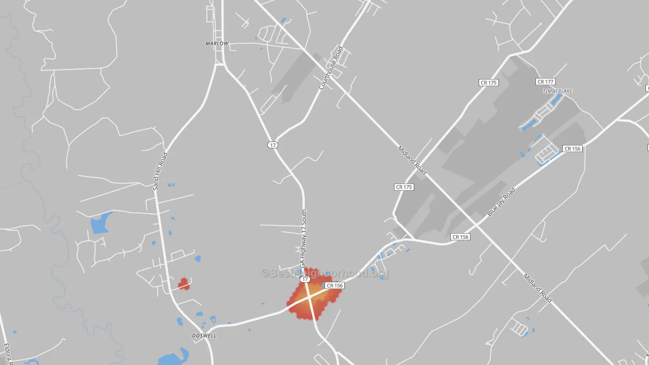 Walk Grade map of Marlow, GA, walkable areas in green and car-dependent areas in red