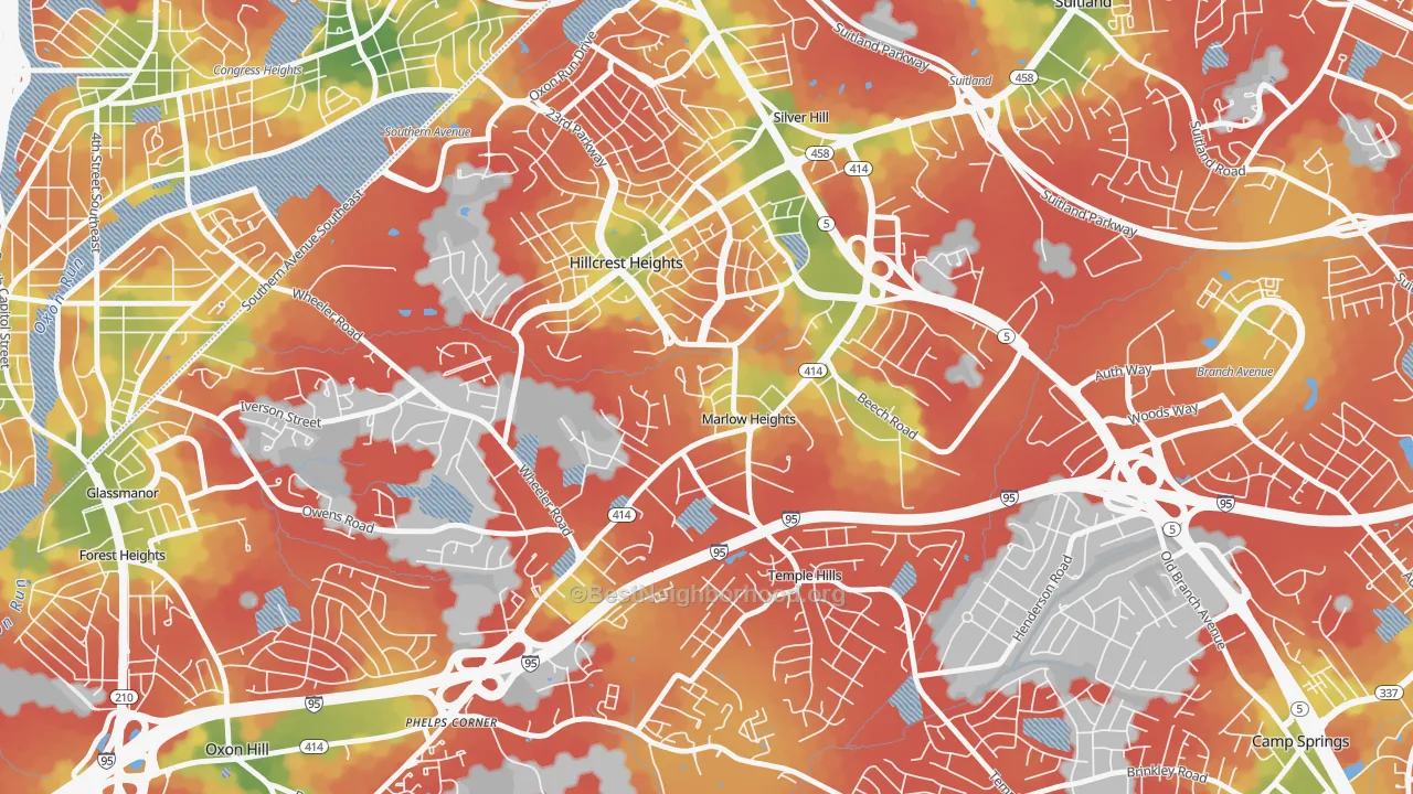 Walk Grade map of Marlow Heights, MD, walkable areas in green and car-dependent areas in red