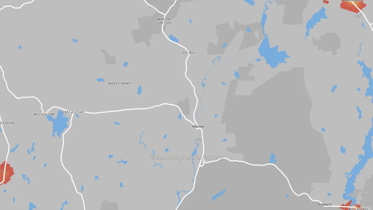 Walk Grade map of Marlow, NH, walkable areas in green and car-dependent areas in red