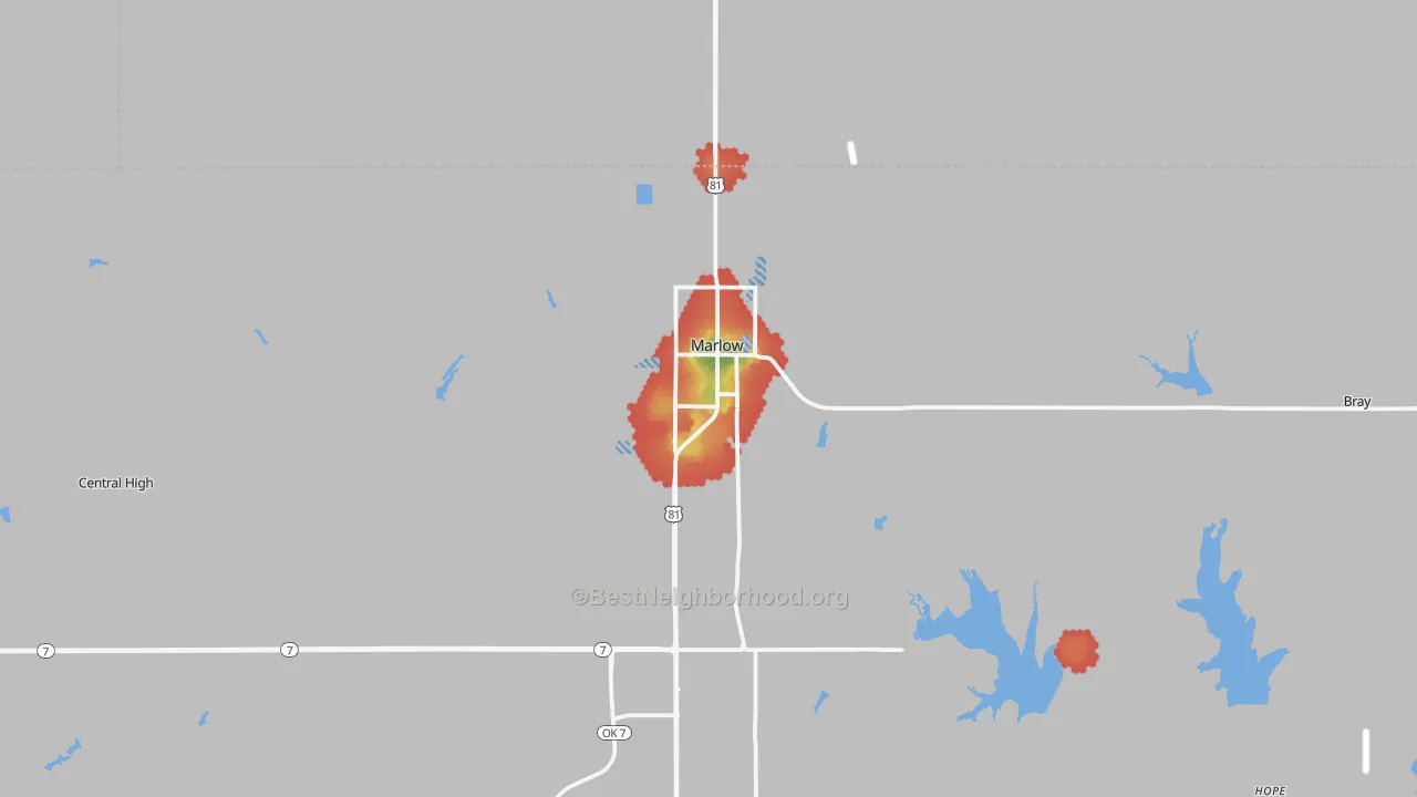 Walk Grade map of Marlow, OK, walkable areas in green and car-dependent areas in red