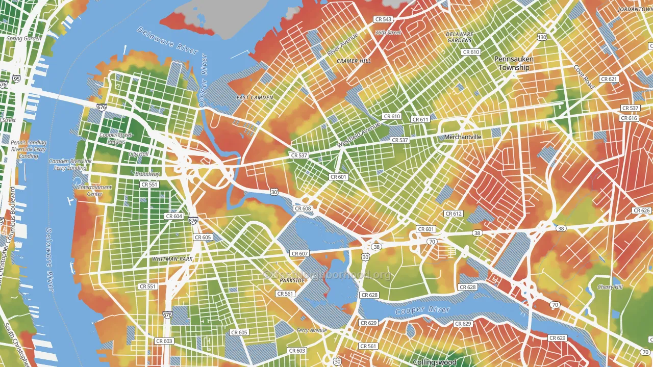 Walk Grade map of Marlton, Camden, NJ, walkable areas in green and car-dependent areas in red