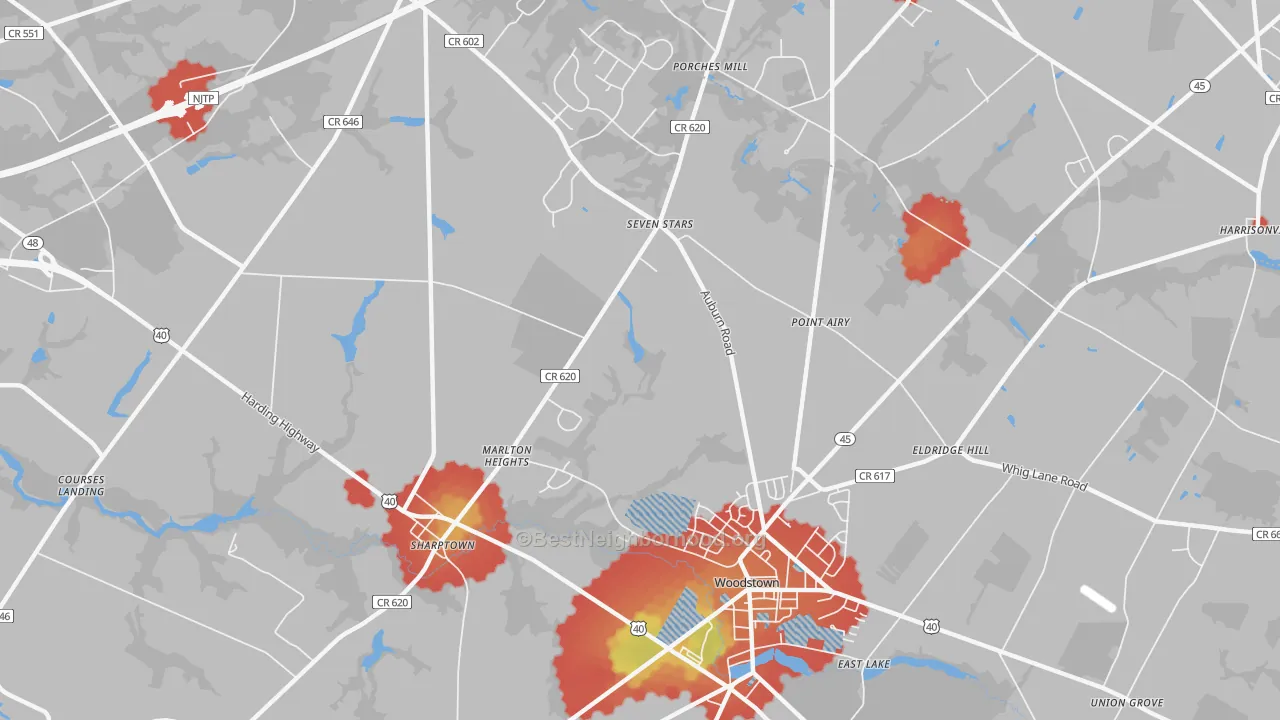 Walk Grade map of Marlton Heights, NJ, walkable areas in green and car-dependent areas in red