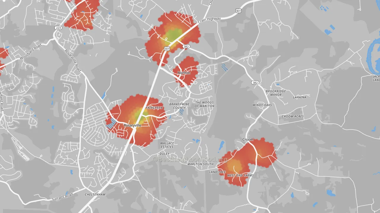 Walk Grade map of Marlton, MD, walkable areas in green and car-dependent areas in red