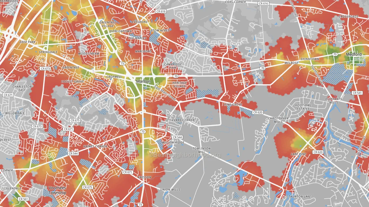 Walk Grade map of Marlton, NJ, walkable areas in green and car-dependent areas in red