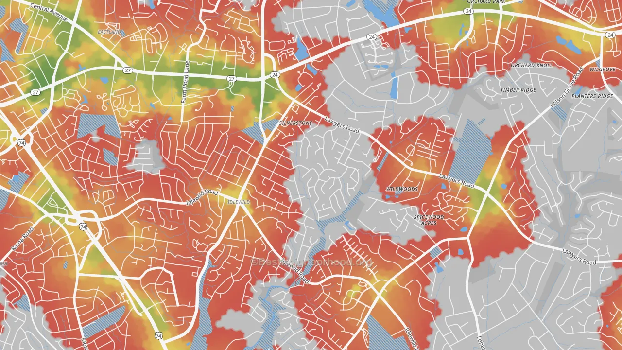 Walk Grade map of Marlwood, Charlotte, NC, walkable areas in green and car-dependent areas in red