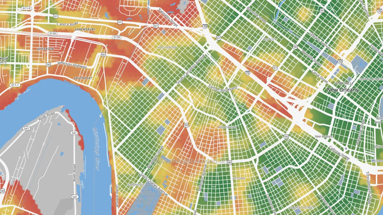 Walk Grade map of Marlyville, New Orleans, LA, walkable areas in green and car-dependent areas in red