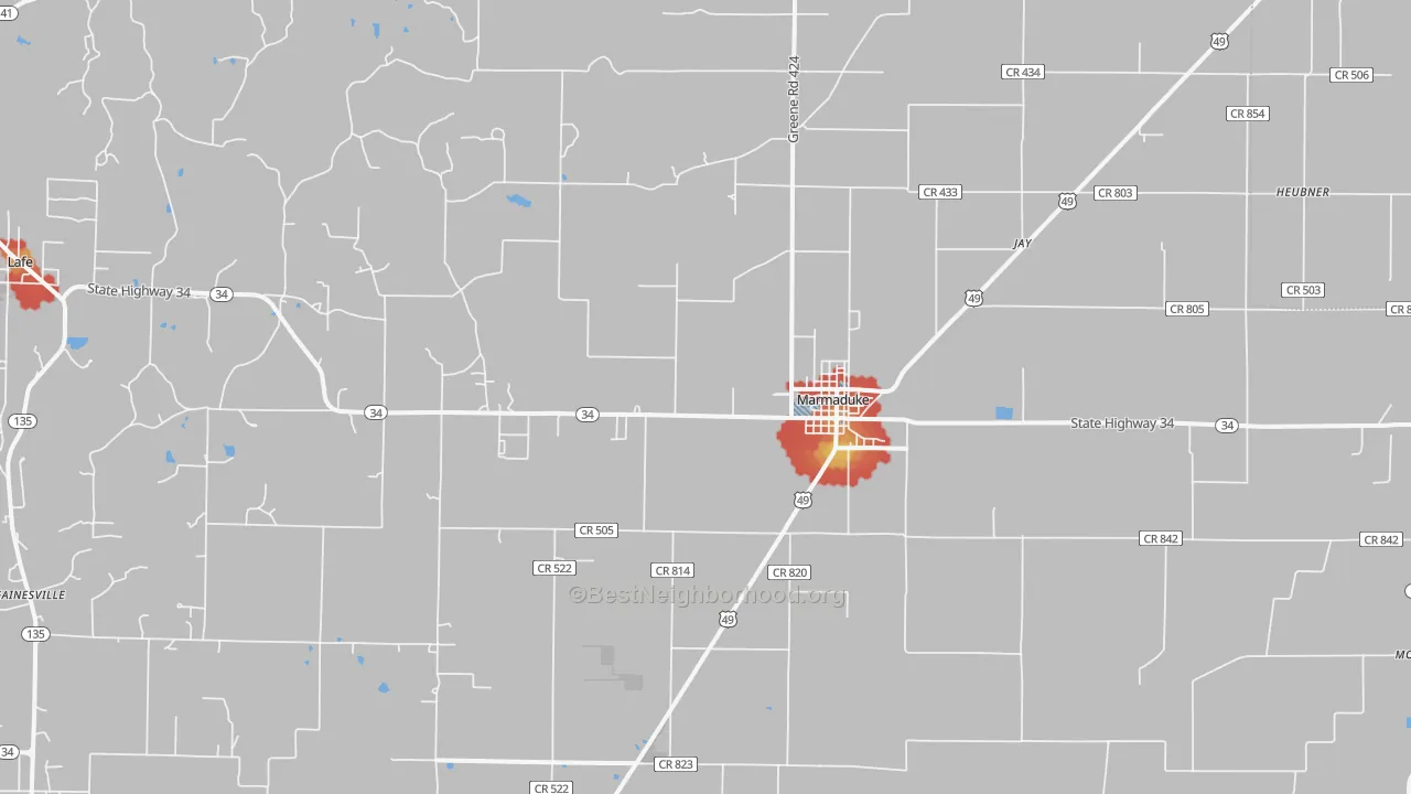 Walk Grade map of Marmaduke, AR, walkable areas in green and car-dependent areas in red