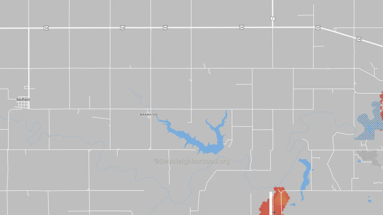 Walk Grade map of Marmaton, KS, walkable areas in green and car-dependent areas in red