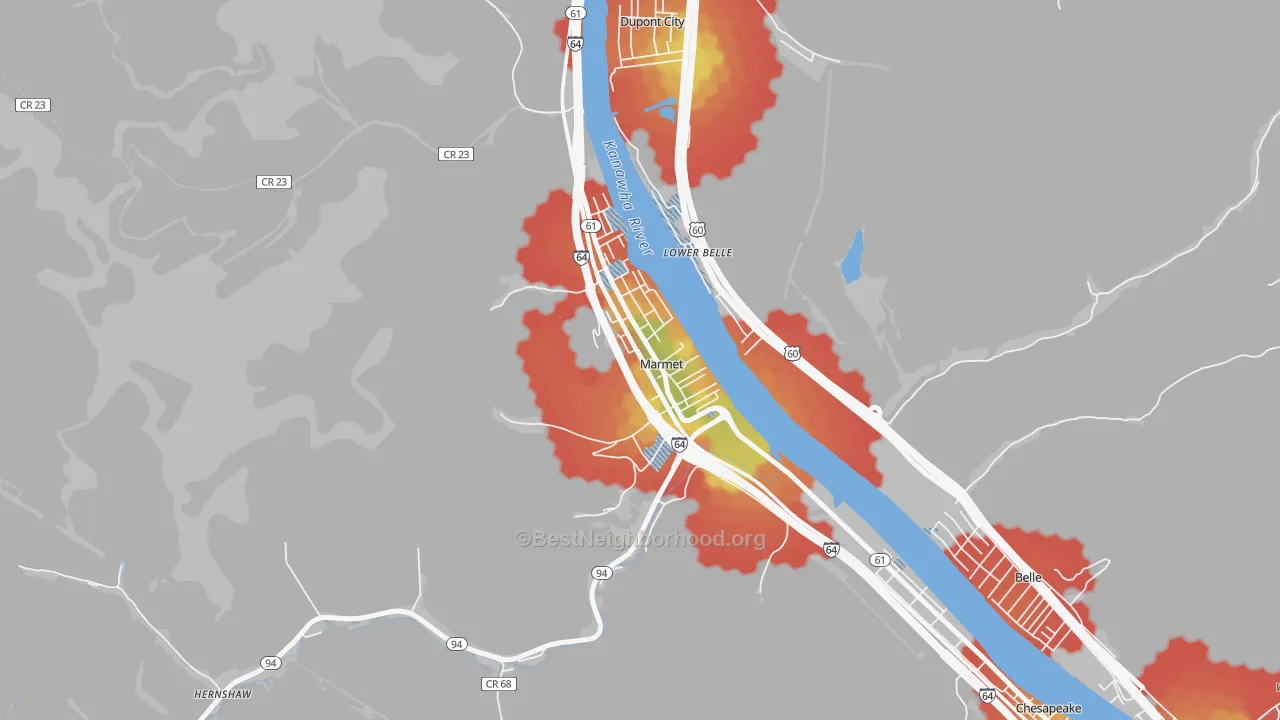 Walk Grade map of Marmet, WV, walkable areas in green and car-dependent areas in red