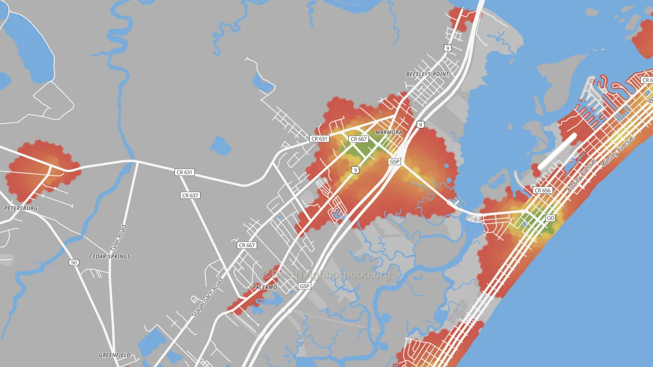 Walk Grade map of Marmora, NJ, walkable areas in green and car-dependent areas in red