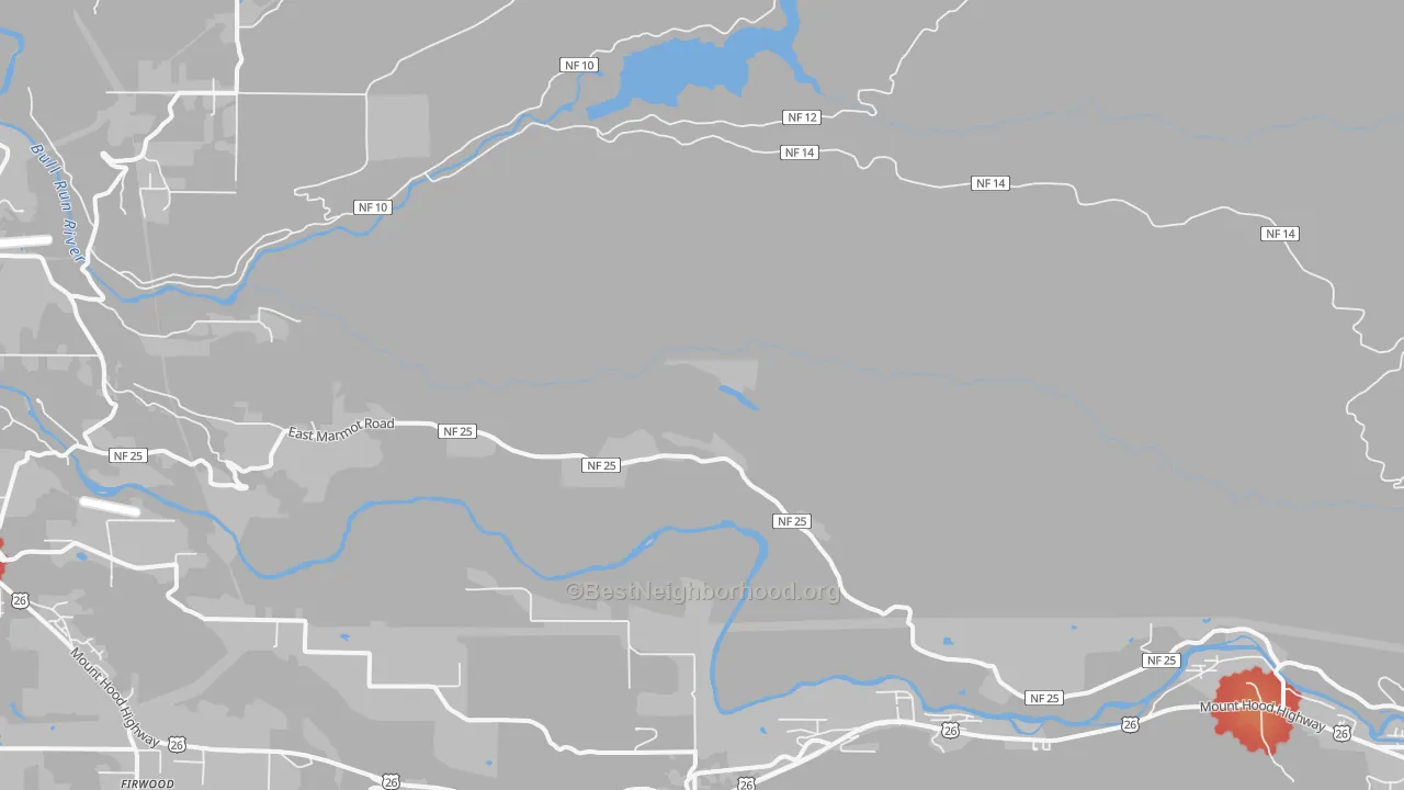 Walk Grade map of Marmot, OR, walkable areas in green and car-dependent areas in red