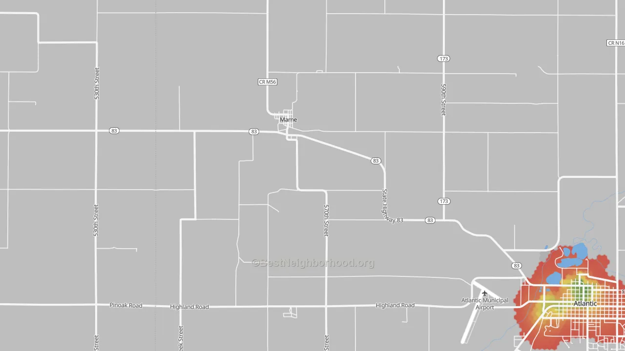 Walk Grade map of Marne, IA, walkable areas in green and car-dependent areas in red