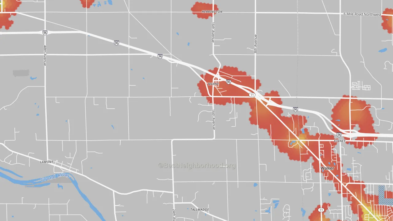 Walk Grade map of Marne, MI, walkable areas in green and car-dependent areas in red