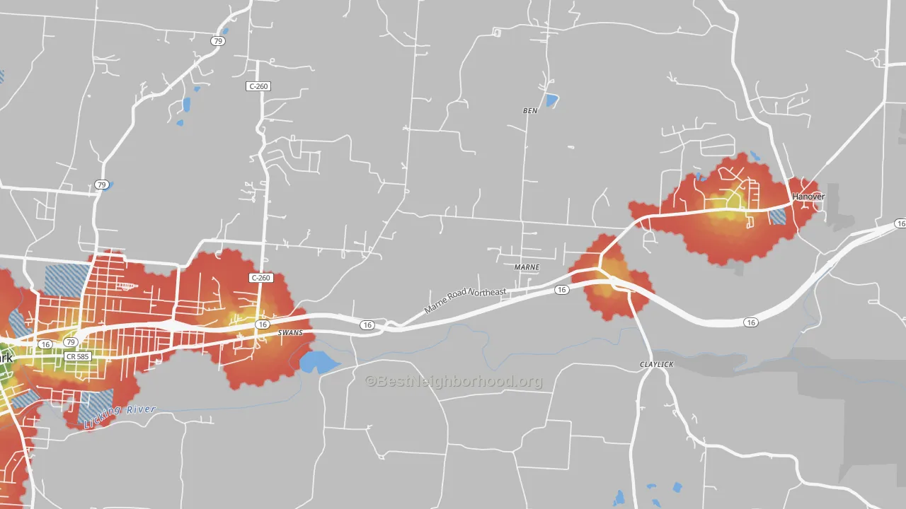 Walk Grade map of Marne, OH, walkable areas in green and car-dependent areas in red