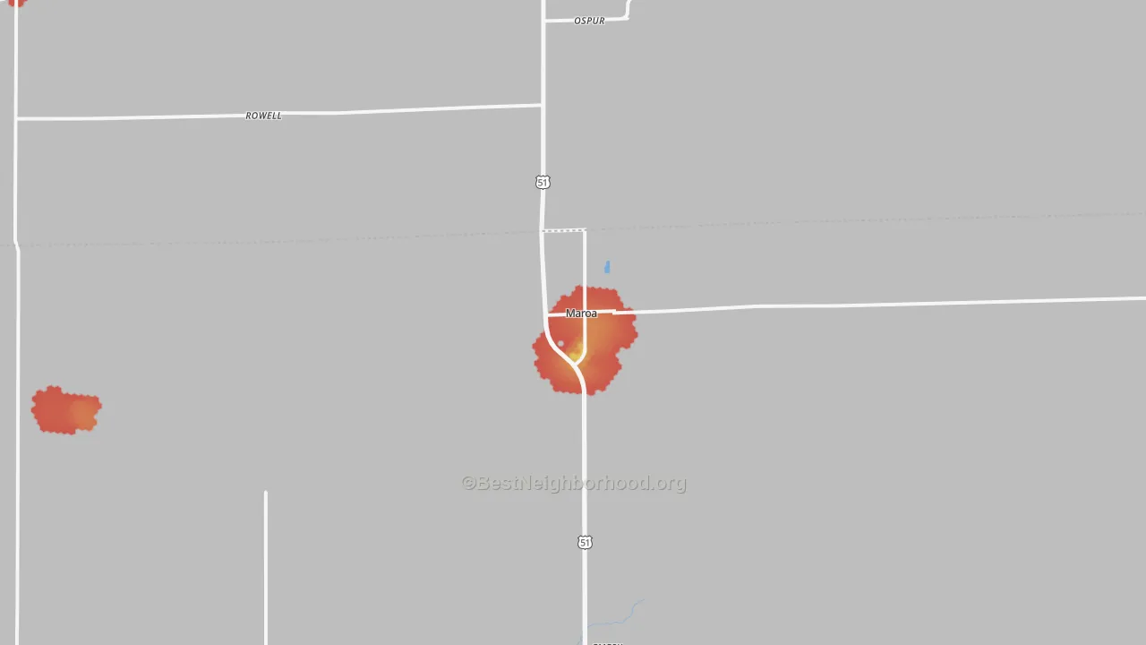 Walk Grade map of Maroa, IL, walkable areas in green and car-dependent areas in red