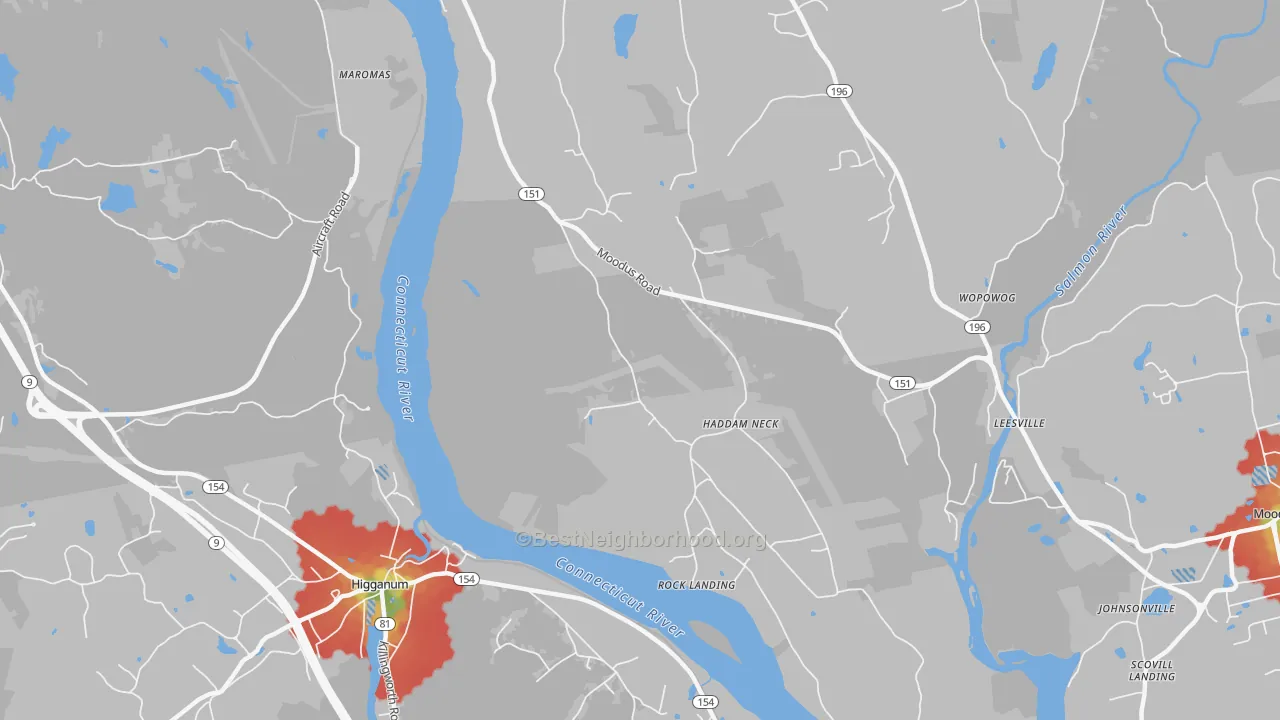 Walk Grade map of Maromas, CT, walkable areas in green and car-dependent areas in red