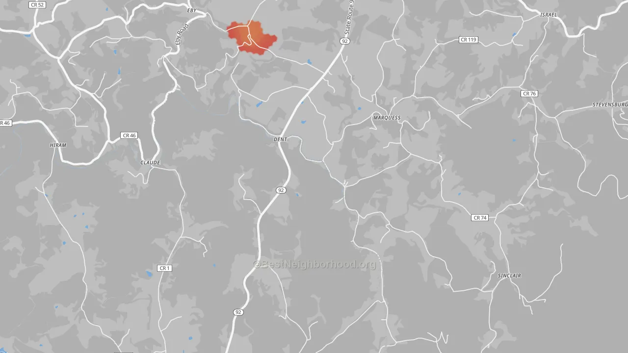 Walk Grade map of Marquess, WV, walkable areas in green and car-dependent areas in red