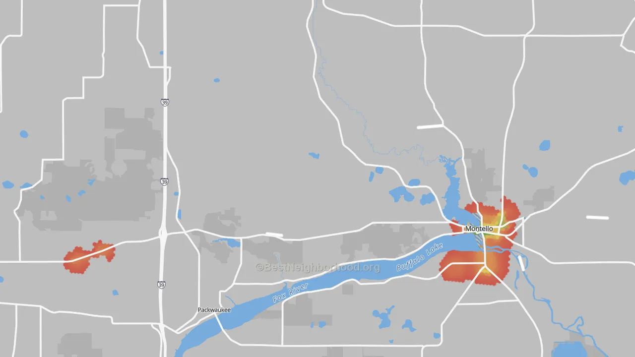 Walk Grade map of Marquette County, WI, walkable areas in green and car-dependent areas in red