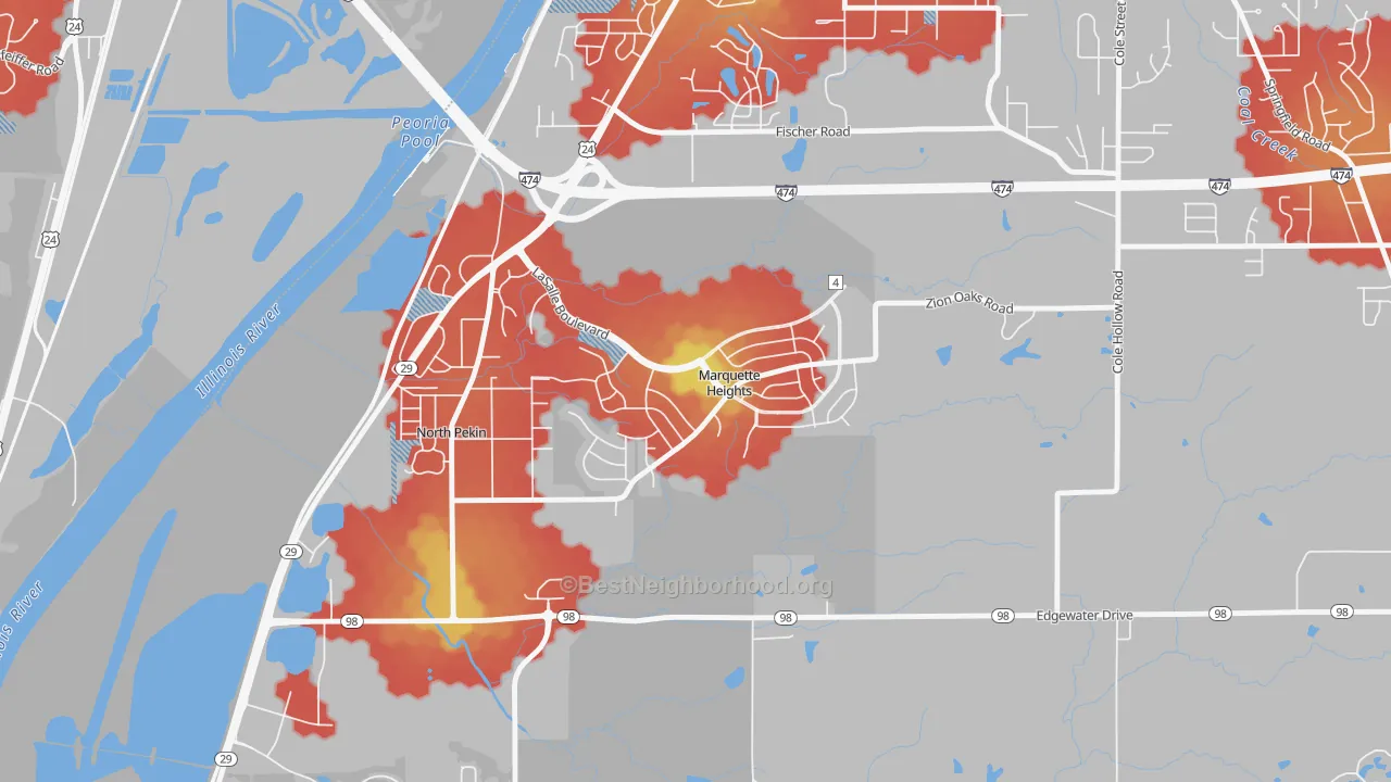 Walk Grade map of Marquette Heights, IL, walkable areas in green and car-dependent areas in red
