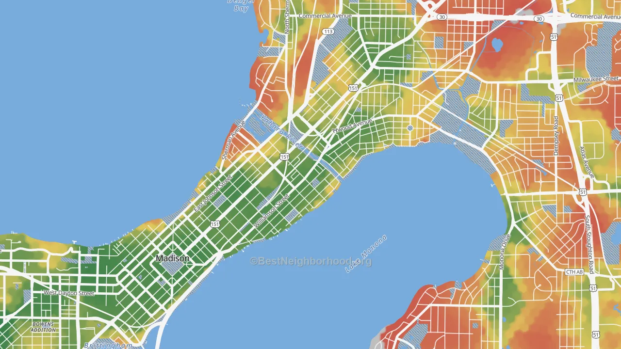 Walk Grade map of Marquette, Madison, WI, walkable areas in green and car-dependent areas in red